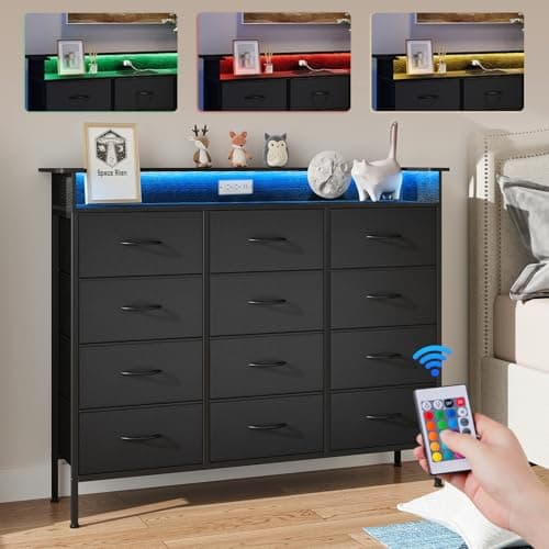 Elyken 50" Black Dresser with 12 Drawers & Charging Station