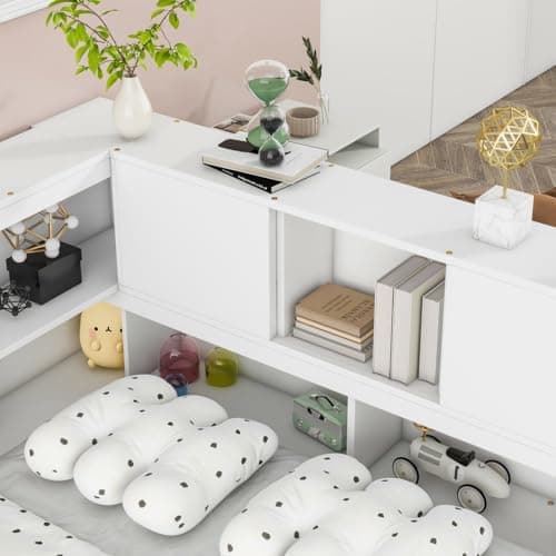 i-POOK L-Shaped Bookcase Corner Bed without Slats, Full Size Bed Frame for Children and Teens, White