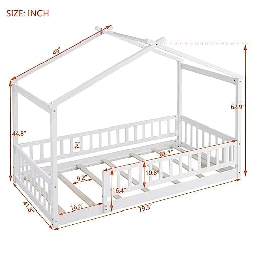 i-POOK White Wood Floor Bed with Fence & Roof for Kids