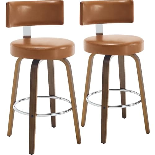 Mid Century Walnut Bar Stools Set of 4, Faux Leather Seat, 26" Height, White