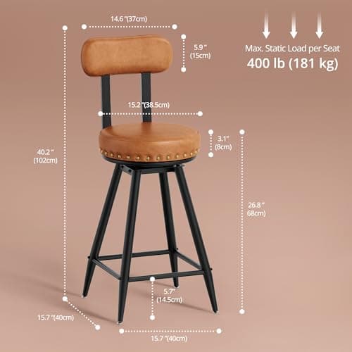 Ironck Brown Counter Height Bar Stools Set of 2, 26" Swivel with Backs