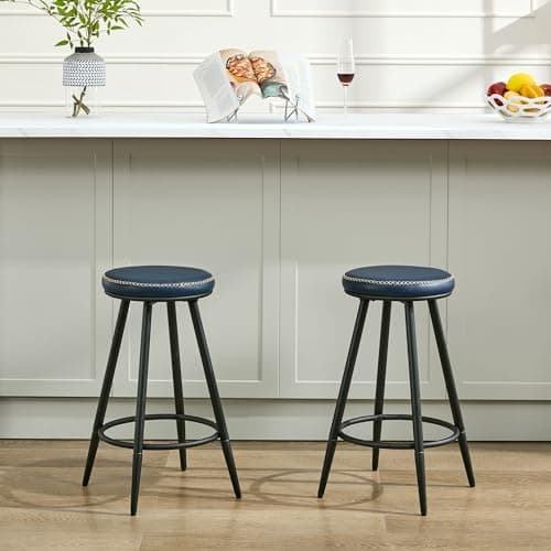 Navy Faux Leather Swivel Bar Stools Set 24"Kitchen Island (2PCS)