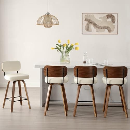 Mid Century Modern 4-Piece Swivel Bar Stool Set, 26" Faux Leather Cream White