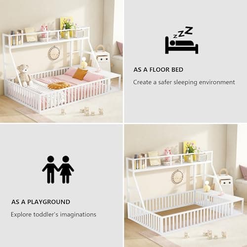 Full Size Kids' Safety Fence Floor Bed with Desk & Storage, Off White