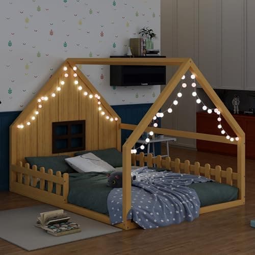 Merax Wood Montessori Full Size Floor Bed with LED Light, Grey