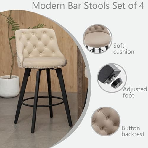Beige Velvet Button Back Bar Stool Set, 4 Pack for Kitchen Island