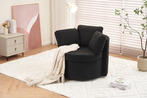 Swivel Accent Chair with Storage, Teddy Barrel Chair with Metal Base, Single Sofa Chair for Living Room, Black Color