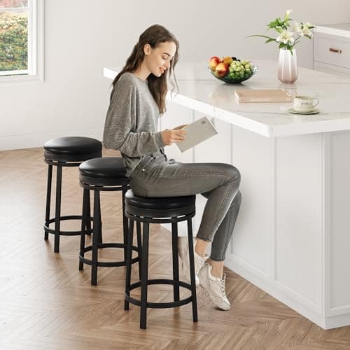 IDEALHOUSE Black Backless Swivel Bar Stools Set of 2, 24" Counter HeightPU Leather & Metal