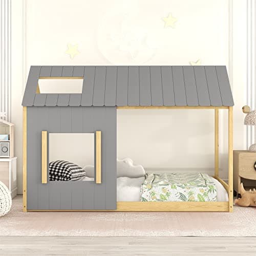 Wood House Twin Bed with Slats, Roof & Window for Kids