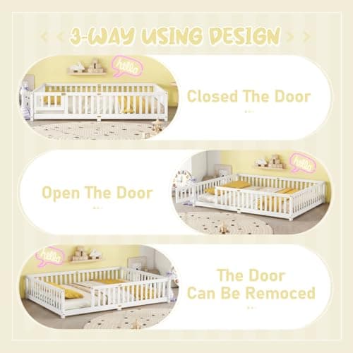i-POOK Queen Size Wooden Floor Bed for Kids with Guardrails and Door, Gray