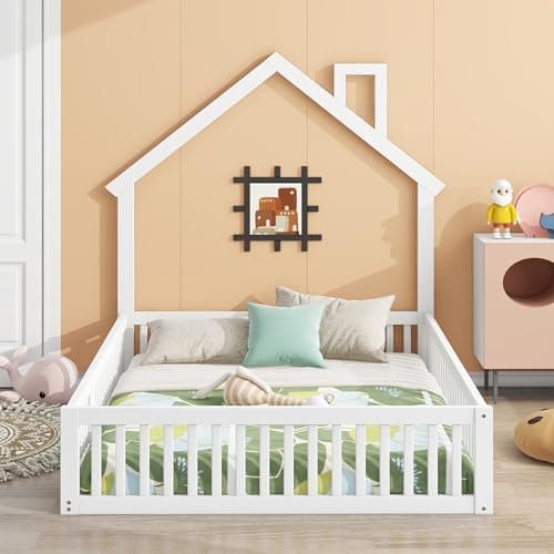 LUSPAZ Beige Queen Size Floor Bed with Shell Headboard and Vertical Seams