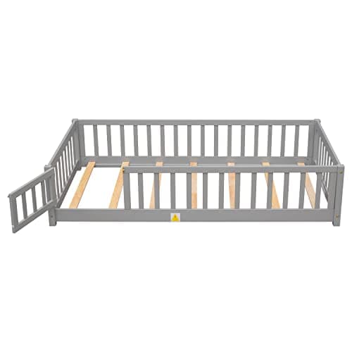 Twin Size Montessori Floor Bed for Kids, Wooden Platform with Rails and Door, Gray