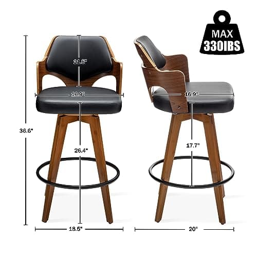 Black PU Upholstered Bamboo Leg Bar Stools Set of 2 Counter Height