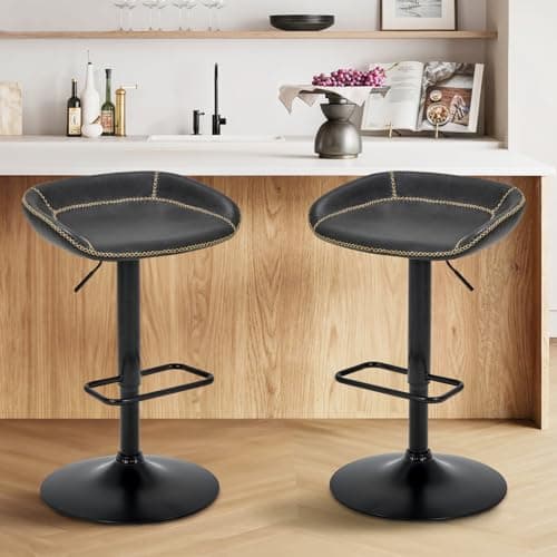 Adjustable Leather Swivel Bar Stools Set of 2 for Kitchen Island and Dining Room in Black