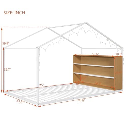 i-POOK Metal House-Shaped Full Size Bed Frame with Lights & Shelves, White