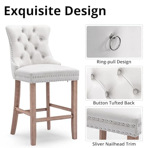 Set of 2 i-POOK Velvet Bar Stools with Button Tufting and Solid Wood Legs, White