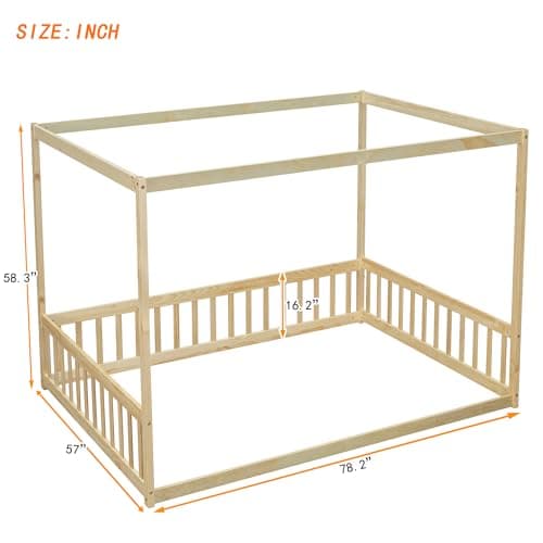 Montessori Safety-Fenced Floor Bed for Girls & Boys, No Box Spring Needed,Natural