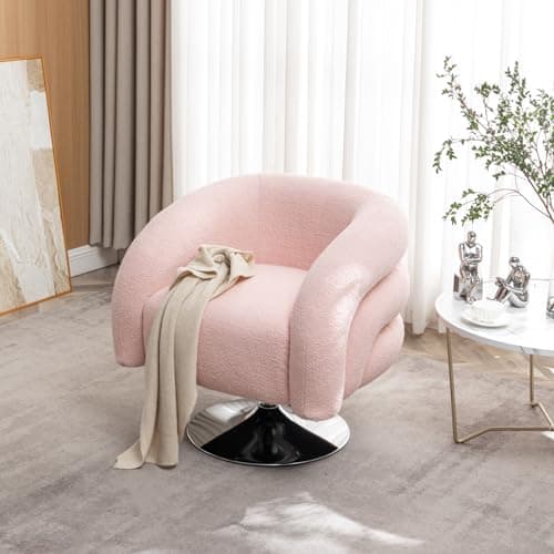 i-POOK Circle Swivel Chair, Boucle Single Sofa Chair with Swivel Base and Wood Frame, Pink