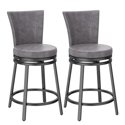Grey Faux Leather Swivel Bar Stools, 24.5" Metal Counter Height Chairs
