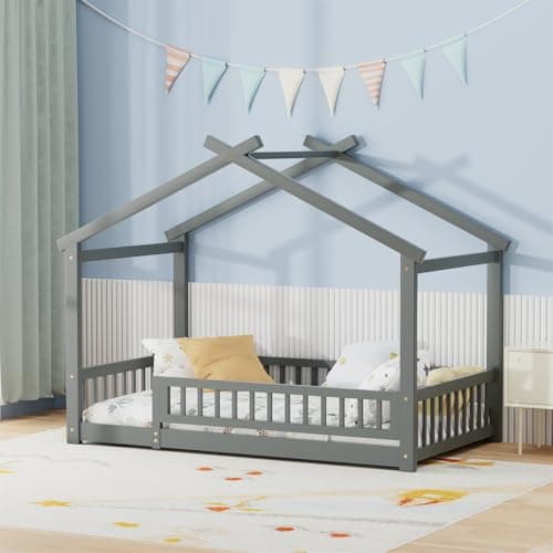 White Wooden Fence Twin Bed with Slats Support for Kids Bedroom