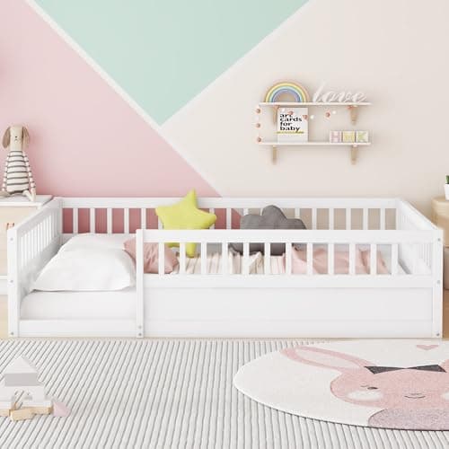 Montessori Full Size Bed with Fence & Open Door, White