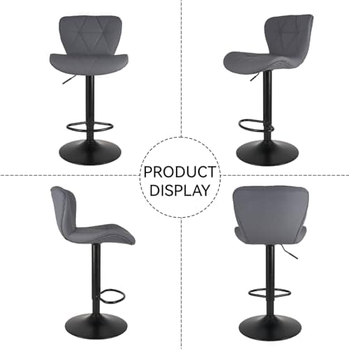 Dark Grey Adjustable Faux Leather Bar Stools, Counter Height Swivel Chairs with Back for Kitchen Island