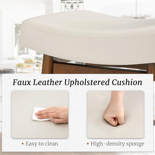 Antique White Leather Bar Stools Set of 3, Sturdy Wood Legs, 24 Inch Farmhouse Counter Height