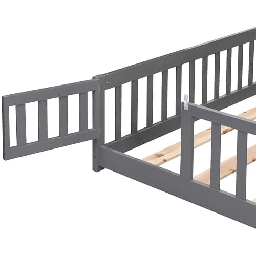 Queen Size Pine Wood Floor Bed Frame with Door and Rails - Grey