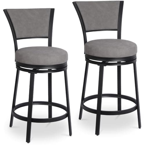Modern Grey & White Linen Counter Height Bar Stool Set, 25 Inch Swivel Chairs