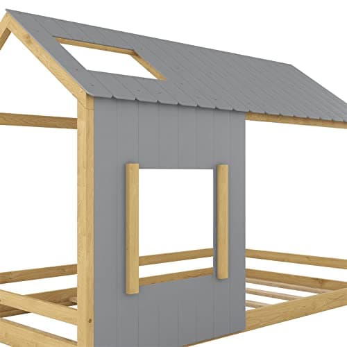 Wood House Twin Bed with Slats, Roof & Window for Kids