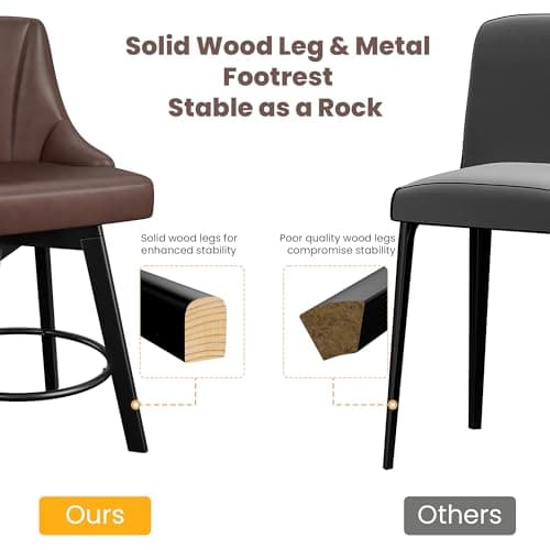 24" Brown Leather Bar Stools with Back, Solid Wood Legs for Kitchen Island