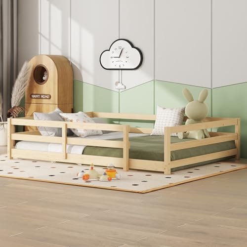 Full Size Wood Floor Bed Frame with Fence - Natural
