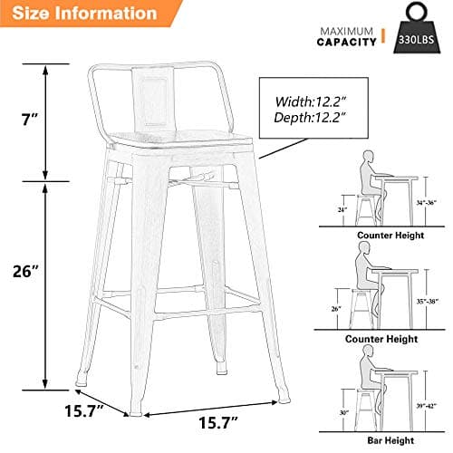 Yongchuang Matte Black Bar Stool Set of 4, 26 Inch Kitchen Counter Height