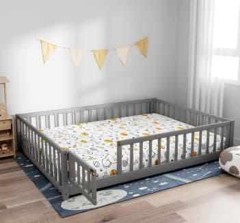 JINS&VICO Full Size Montessori Floor Bed with Door & Safety Guards, White