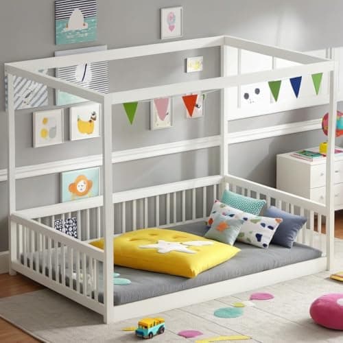Montessori Safety-Fenced Floor Bed for Girls & Boys, No Box Spring Needed,Natural
