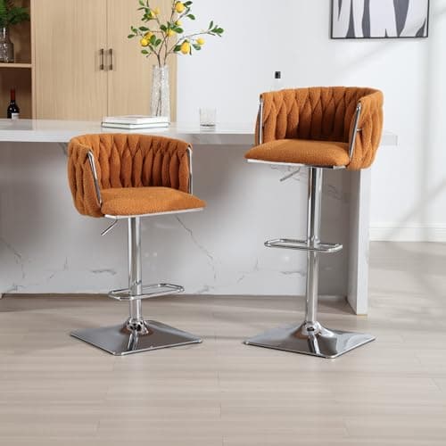 Adjustable Boucle Swivel Bar Stools Set of 2 with Hand Woven Back and Silver Footrest, for Kitchen Island and Dining Room