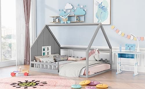 Wooden Montessori Floor Bed for Kids, No Box Spring Needed - Gray