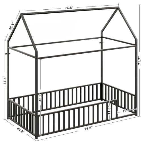 LIKIMIO Twin Metal House Bed with Roof & Fence Guardrails, Black