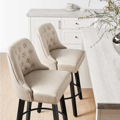 Beige Leather Swivel Barstools, 26" Height, Kitchen Island Set of 2