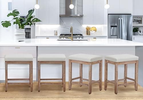 White Counter Height Bar Stools Set of 4, Faux Leather Seat, Wood Legs, 24" High