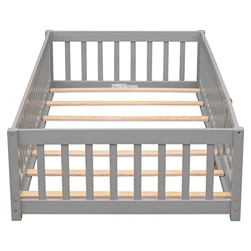 Children Twin Size Montessori Floor Bed Frame with Guardrails, Door, Solid Wood Platform - Gray