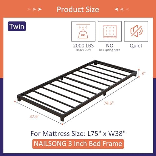 Black Heavy Duty Twin Bed Frame, No Box Spring Needed, Low Profile, Easy Assembly