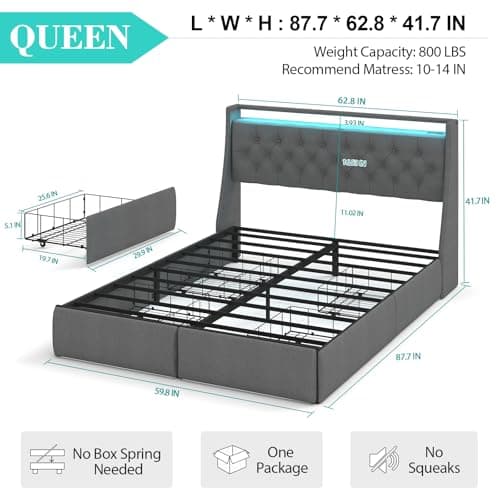Queen Size Bed Frame with Storage Drawers & LED Lights, Upholstered Headboard, Charging Station, Steel Support, No Box S