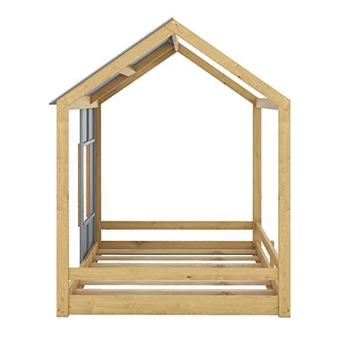 Wood House Twin Bed with Slats, Roof & Window for Kids