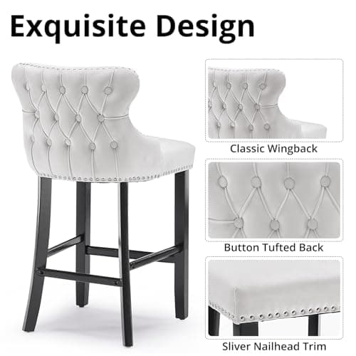 Velvet Upholstered Barstools Set of 4 with Wood Legs for Kitchen Island Pub