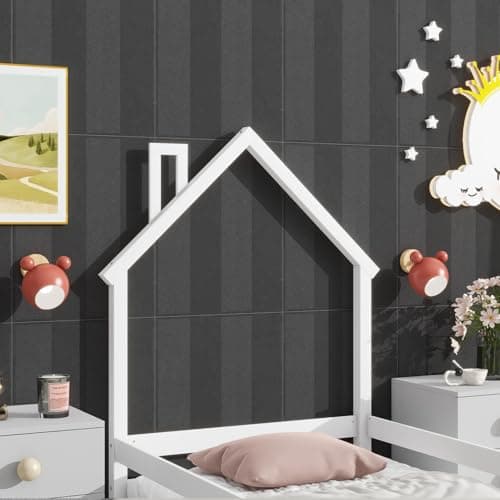 Montessori Twin Wooden Floor Bed with House-Shaped Headboard and Fence Guardrails, White