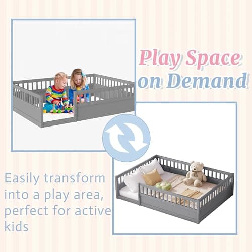 Montessori Full Size Floor Bed with High Rails, Gray for Kids Boys Girls Teens