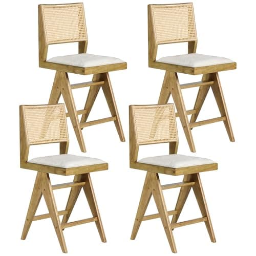 Rattan 26" Counter Stools, Set of 4, Cream Boho Kitchen Chairs