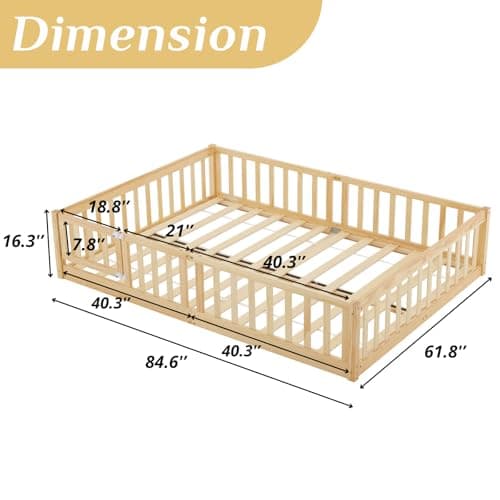 Montessori Toddler Floor Bed with Door and Fence for Kids (Natural)