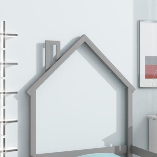 Montessori Twin Floor Bed with House-Shaped Headboard and Fence Guardrails